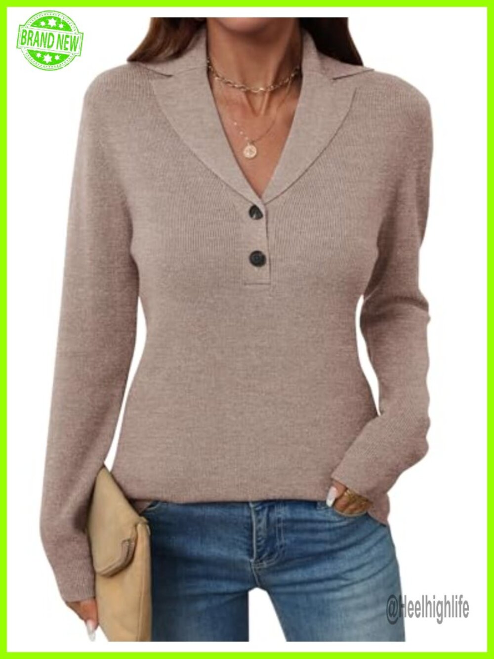 Womens Button Sweater Long Sleeve V-Neck Collared Pullover